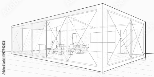 Architectural sketch of a modern glass office space with interior furnishings