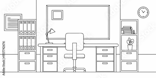 Line art illustration of an office workspace with furniture and decor