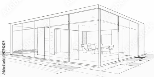 Architectural sketch of a modern office space with glass walls and furniture