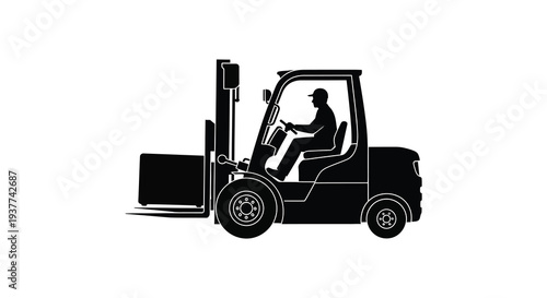 A stark black silhouette depicts a forklift truck operator at work in industrial setting silhouette high quality professional