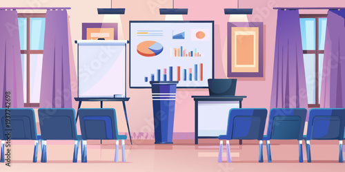 A brightly colored classroom with presentation tools and empty seating