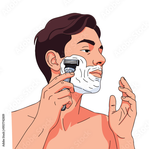Man shaving face with electric razor and shaving cream