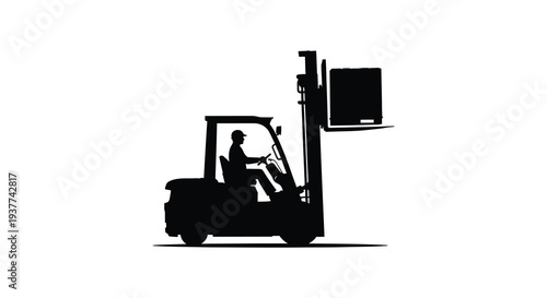 A striking black silhouette depicts a forklift truck with an operator showcasing industrial work and logistics silhouette