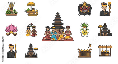 Balinese Hindu Temple Icons Set.