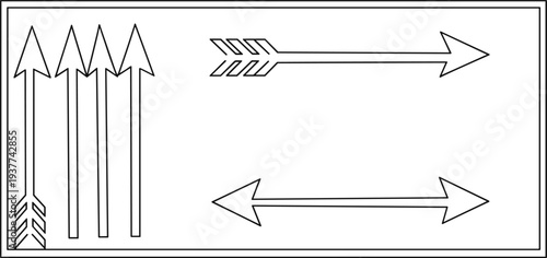 Set of linear directional arrow icons featuring feathered archery style pointers and double sided horizontal and vertical navigation symbols.