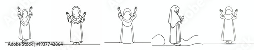 line art of a Muslim little girl standing in prayer gesture back view