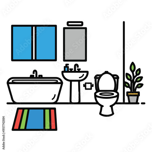 Bathroom interior with bathtub toilet sink and plant