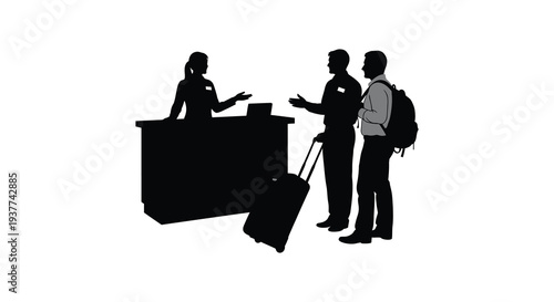 A stark black silhouette depicts three people interacting at a reception desk highlighting a modern aesthetic silhouette