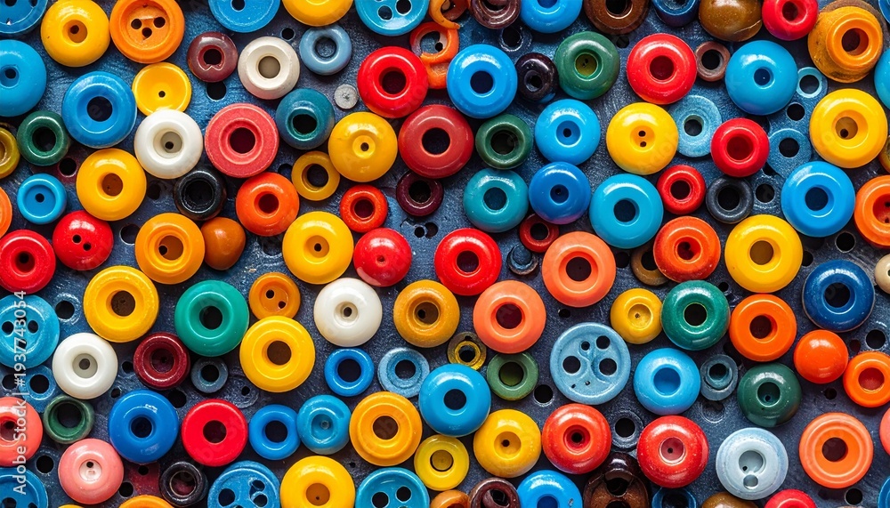 Fototapeta premium A collection of multicolored buttons lying on a flat surface viewed from directly above
