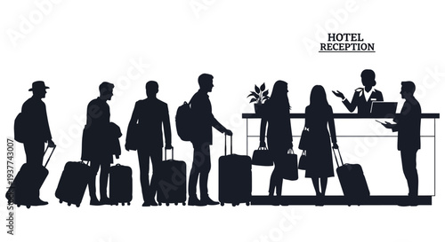 A black silhouette depicts a hotel reception line with guests and staff showcasing travel and hospitality silhouette