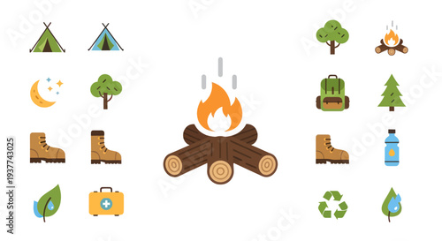 Camping Icons Set with Campfire.