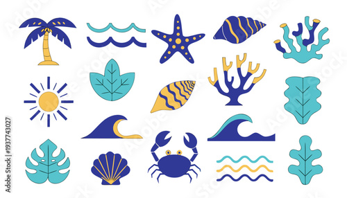 Modern geometric beach icons collection with bold colors and abstract shapes for summer branding