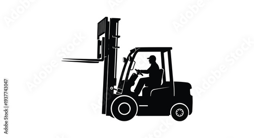 A black silhouette of a forklift truck with an operator showcasing industrial machinery and logistics silhouette high quality