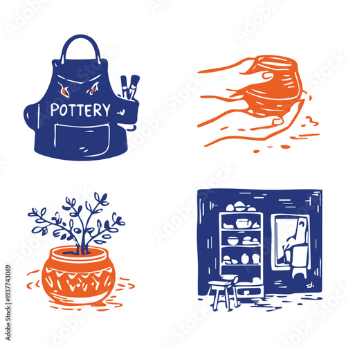 Handmade organic style pottery illustration set featuring pottery apron, ceramic plant pot, pottery kiln cabinet, and clay shaping hand. Perfect for craft studio branding, pottery classes, and handmad