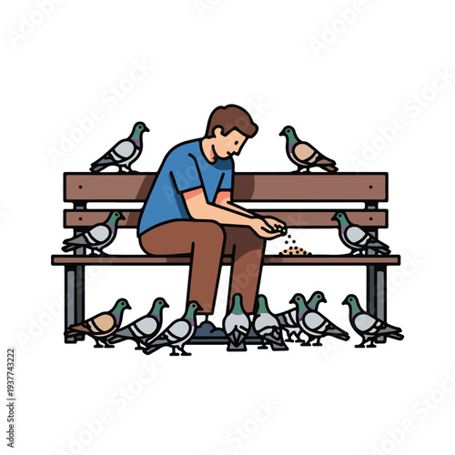 Man sitting on a park bench feeding pigeons on a sunny day