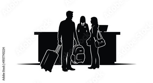A couple checks in at the airport counter with luggage displaying a striking silhouette high quality professional detailed