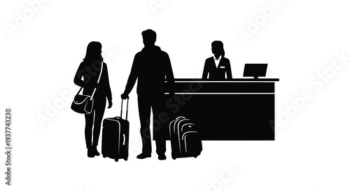 A dark silhouette depicts a hotel reception scene with guests checking in luggage present silhouette high quality professional