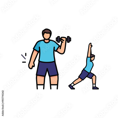 Man lifting dumbbell and woman stretching arm upward in exercise routine