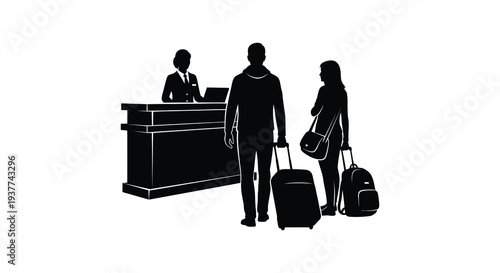 A hotel reception scene depicts a check in with guests and staff presented as a silhouette high quality professional