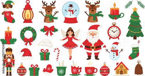 Christmas Holiday Icon Collection with Santa Tree Reindeer Snowman Gifts and Decorations Isolated Festive Vector Illustration Set