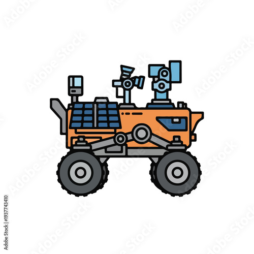orange robotic rover vehicle with solar panels and camera equipment on top for space exploration