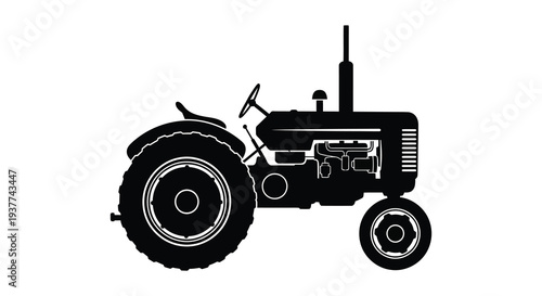 A stark black silhouette depicts a classic vintage tractor showcasing agricultural machinery and rural life silhouette high quality