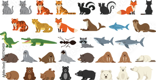 Wild animals illustration collection featuring tiger, fox, raccoon, crocodile, shark, seal, walrus, bear and more, flat wildlife character set for nature education, zoo design and animal themes