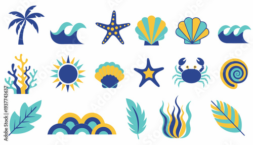 Contemporary tropical vector symbols featuring stylized ocean waves marine life and exotic leaves