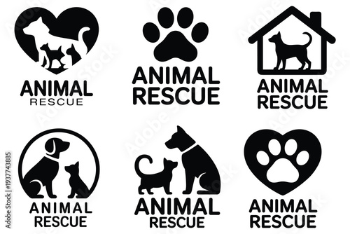 Black and White Animal Rescue Logos with Dogs and Cats symbol icon