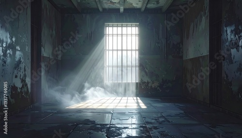 Abandoned room with a barred window and sunlight