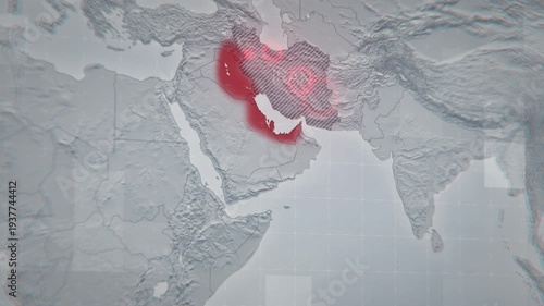 Animated map depicting airstrikes on Iran and retaliatory Iranian strikes on neighboring countries hosting US bases. Visualizing escalating conflict and military tensions in the Middle East