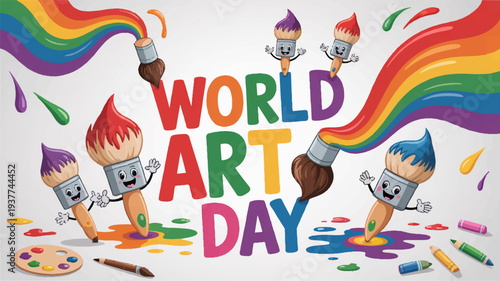 Colorful cartoon characters celebrate world art day with paintbrushes and rainbow colors in a creative festive scene
