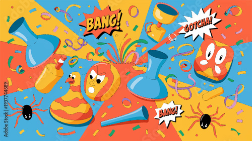 Colorful party poppers and confetti explosion with cartoonish bang speech bubbles festive background