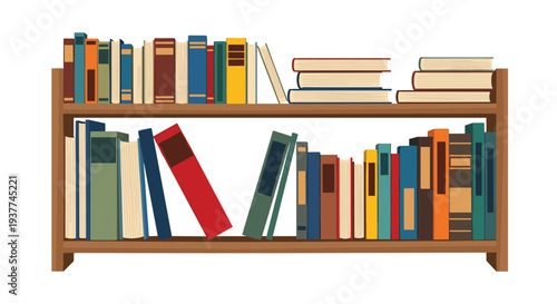Two-tier wooden bookshelf filled with many colorful books in various positions, some standing upright and some leaning or stacked horizontally art.