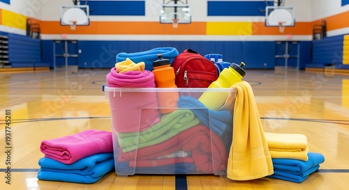 Clear plastic bin with colorful towels and sports gear on gym court