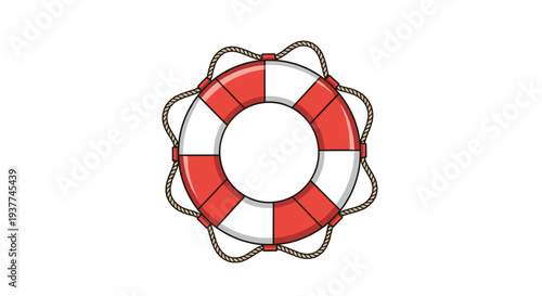 Traditional red and white lifebuoy ring with a thick rope looped around the outer edge, symbolizing safety, rescue, and maritime navigation tool.