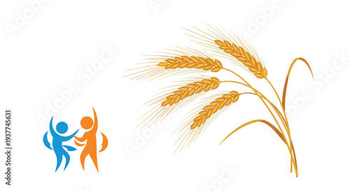 Golden ears of wheat standing tall next to two abstract human figures in blue and orange, representing the bond between people and agriculture art.