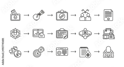 Business workflow process icons set for marketing finance and management illustrating various stages of company operations and strategy