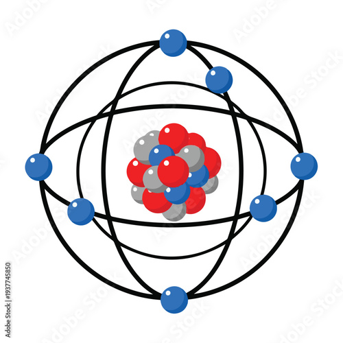 Atom structure with electrons and nucleus on white background