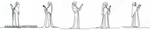 line art of a Muslim woman standing in prayer gesture side view