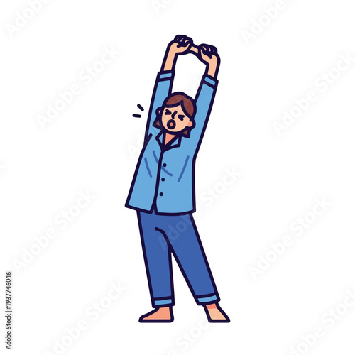 Woman stretching in blue pajamas with arms raised overhead
