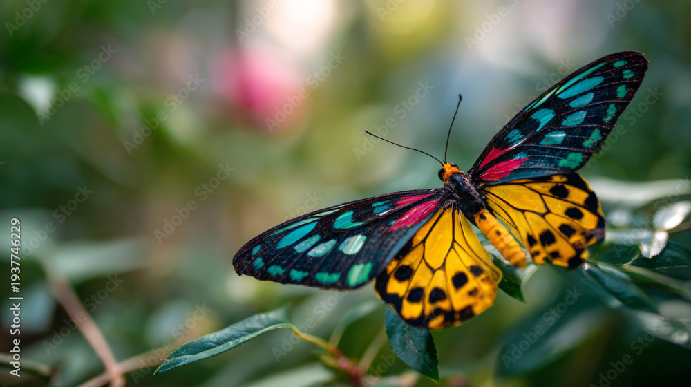 Fototapeta premium Colorful butterfly wings, tropical insect, vibrant pattern, green foliage, nature closeup