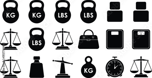 Weight measurement icons, kettlebells, scales, kilograms, pounds, stopwatch, balance beam, digital scale, analog scale, fitness, science, education, health
