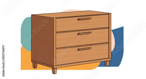 Modern wooden chest of drawers with three large sections positioned against a background of abstract colorful shapes.