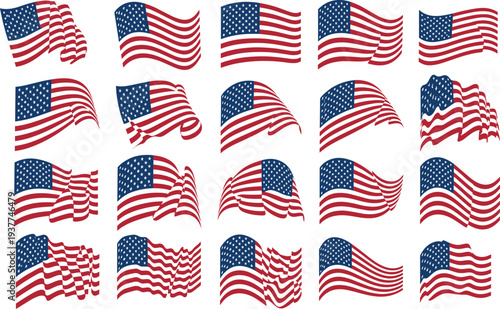 American flag waving variations, patriotic design, USA national symbol, stylized fluttering motion, independence, freedom, pride, vector illustration collection