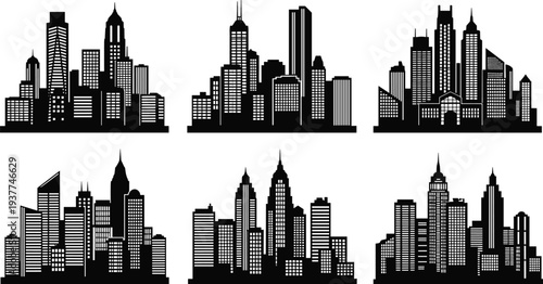 City skyline silhouette set featuring urban skyscraper buildings metropolitan architecture town panorama icons for real estate business and travel design