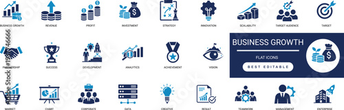 Business Growth Solid Icon Set. Success, Investment, Strategy, Profit, Market, Scale. Editable Vector Illustration Collection Set.