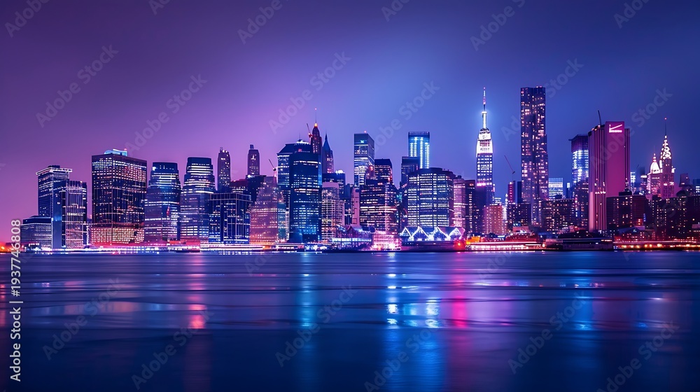 Fototapeta premium Spectacular view of the illuminated new york city skyline at night featuring towering skyscrapers reflecting vibrant neon colors across the dark tranquil water surface below