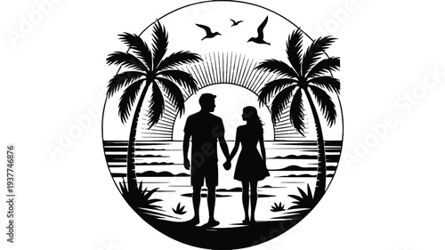 Couple holding hands on beach with palm trees and sunset  romantic tropical vacation scene