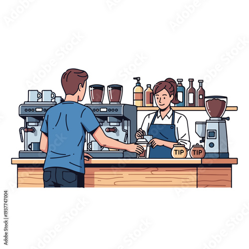 customer ordering coffee from barista at counter in cafe